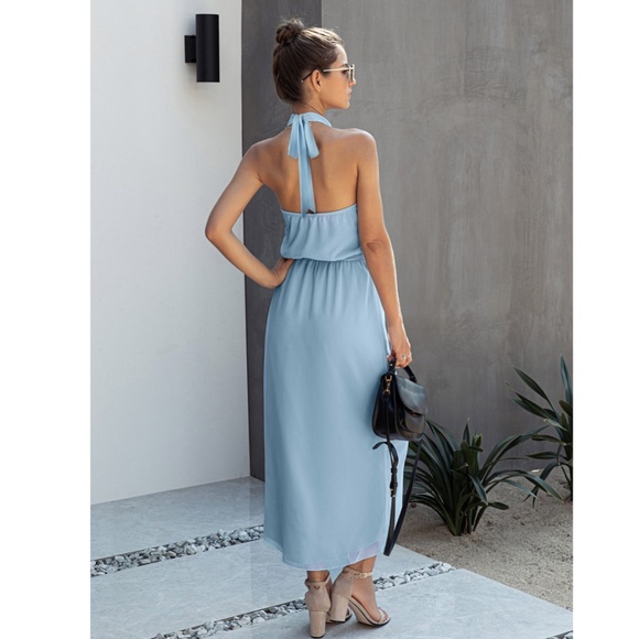 Halter Top Belted Asymmetrical Blue Midi Dress - Picture 3 of 7